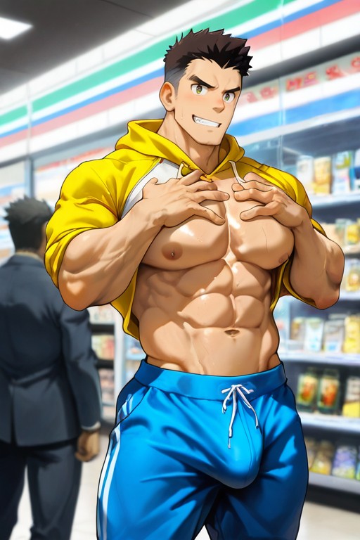にっこり笑う, コンビニ, Massive Pecs ゲイAIポルノ