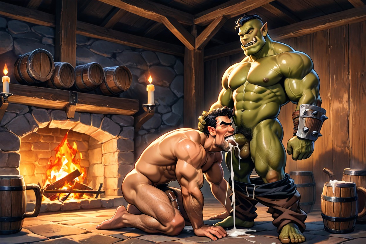 Pants Pulled Down To Knees, Old Wooden Tavern, Wooden Mugs ゲイAIポルノ