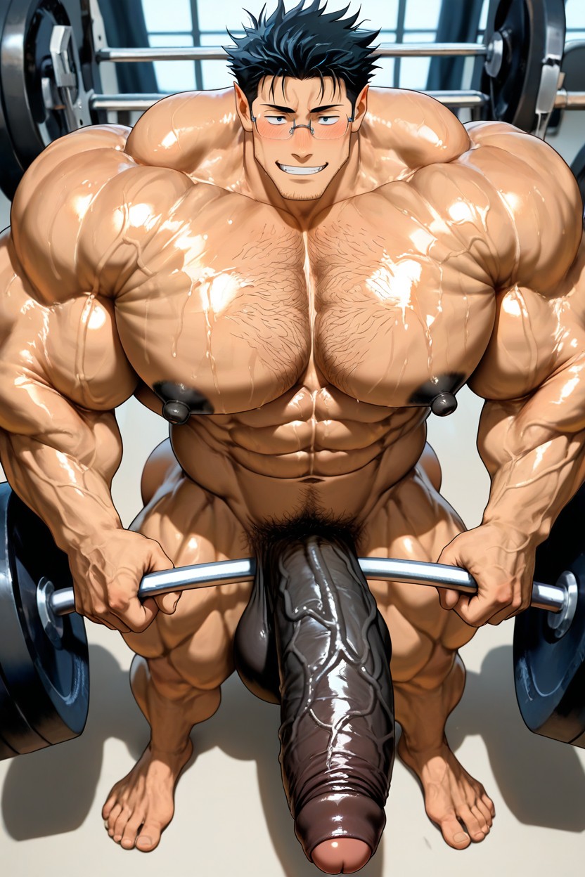 Foreskin, Vivid Cinematic Light Casting Rembrandt-style Deep Shadows On His Massive Bulking Body, Testicles ゲイAIポルノ