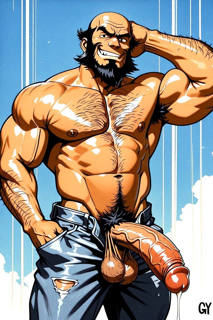 Balding Head Black Hair, 중간 엉덩이, Wearing Jeans 게이 AI 포르노