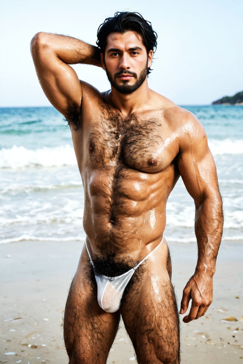 Man Alone, Hyper Hairy Pubes, Wet Hair With Dripping Water ゲイAIポルノ