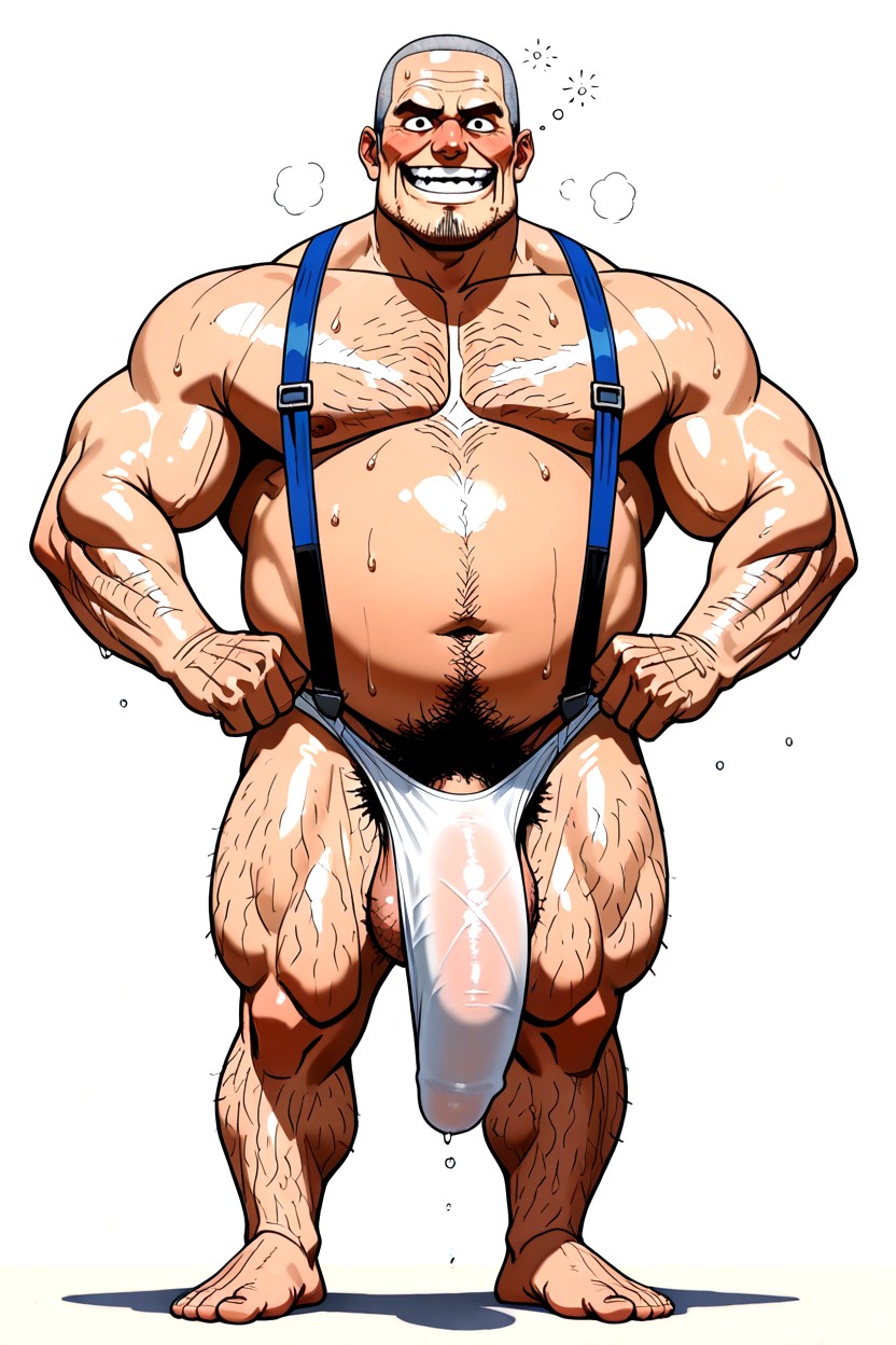 White Suspenders Melded To Speedo, Corpulent Belly, Shaved Facial Stubble ゲイAIポルノ