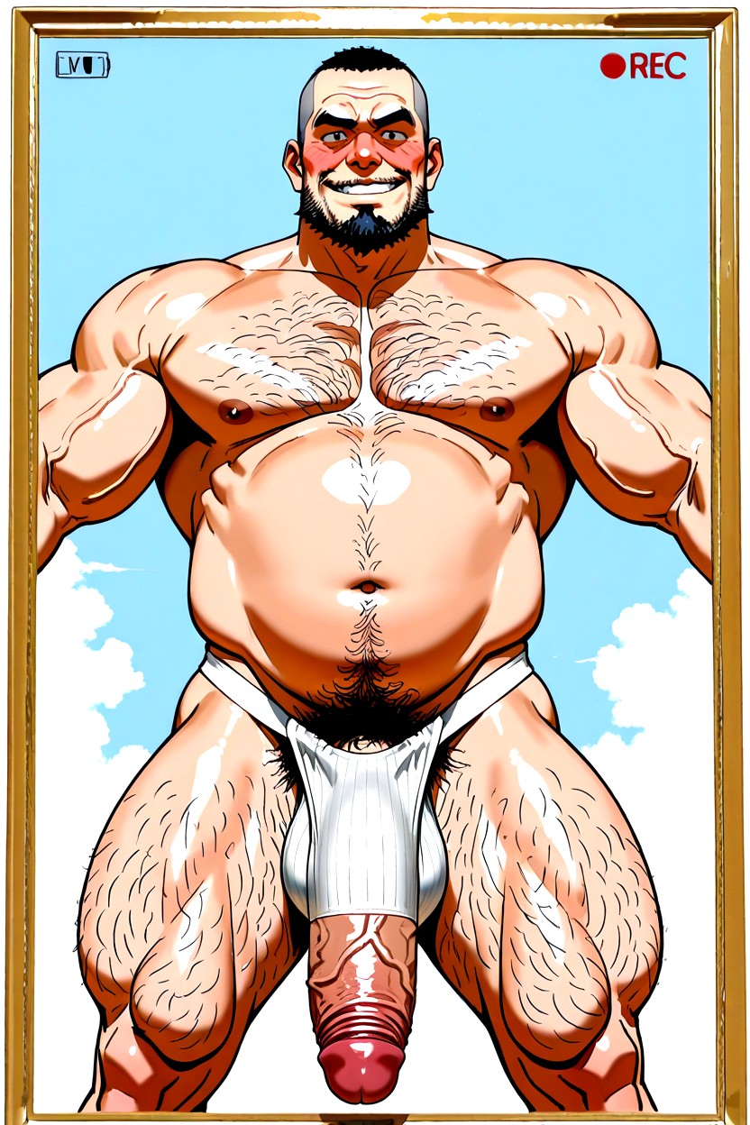 Shaved Facial Stubble, Excessively Hairy Belly, Impossibly Long Hyper Penis AI Gay Porn