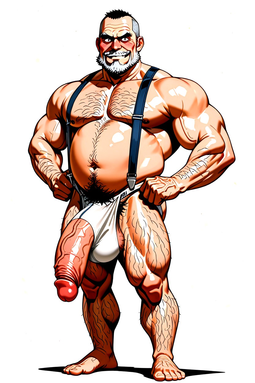Curly Body Hairs Everywhere, White Fabric Suspenders, Muscle Gut Body ゲイAIポルノ
