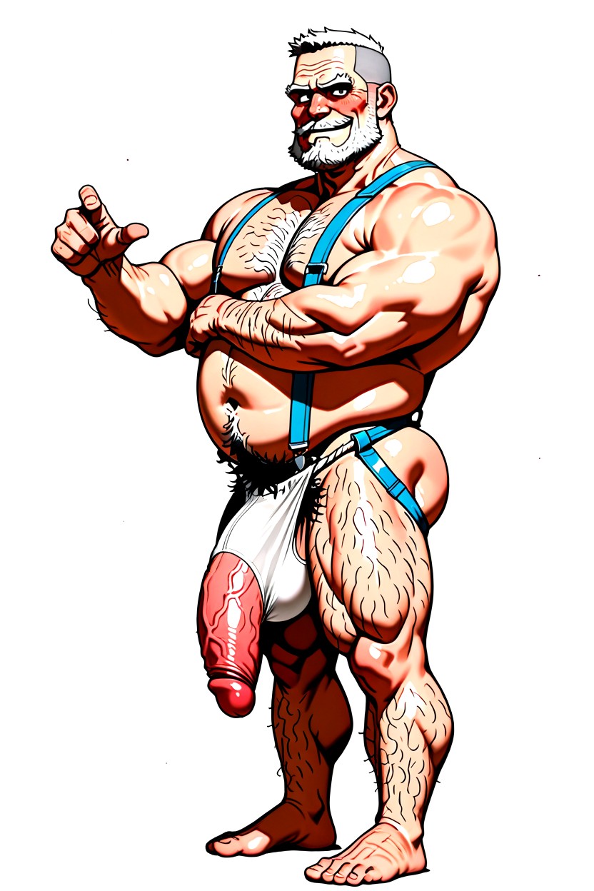 White Fabric Suspenders, Corpulent Belly, 脂肪 ゲイAIポルノ