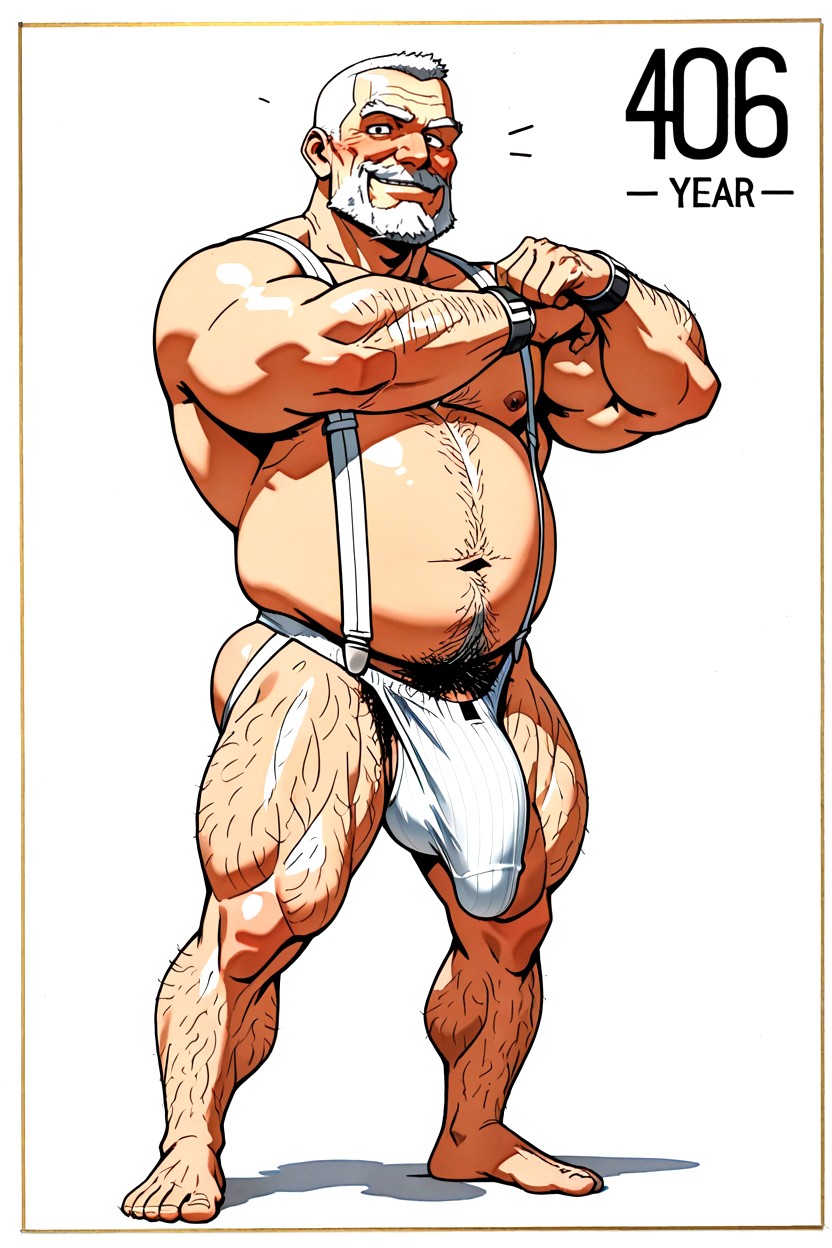 Highly Detailed Jock Strap, Naked Besides White Slingshot Jockstrap With White Suspenders, Muscle Gut Body ゲイAIポルノ
