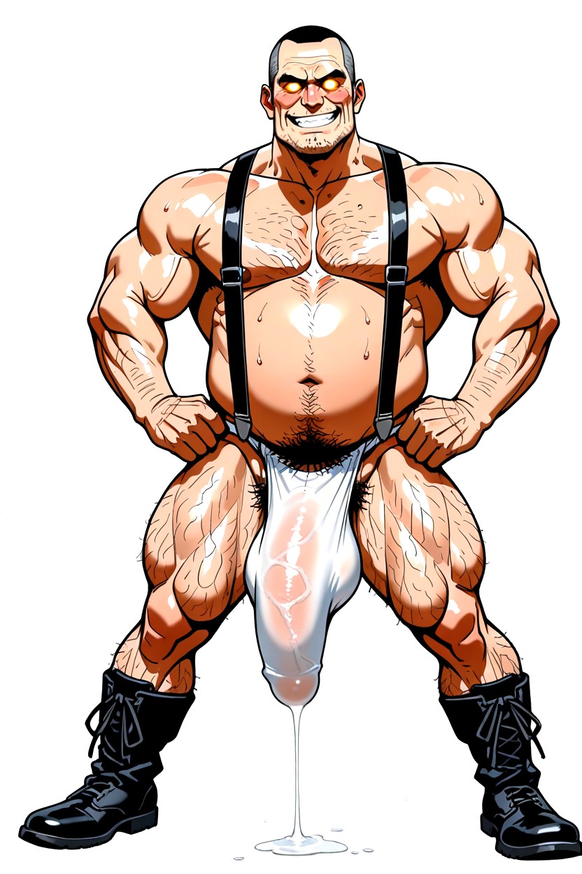 Naked Besides Slingshot Jockstrap With White Suspenders, Strong Jaw, Shaved Facial Stubble AI同性戀黃片
