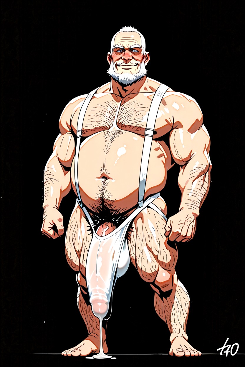 Penis Bulge Is Always Covered By Stretching White Fabric From Jockstrap Hanging Down Very Low, Poils Pubiens, Coupe À La Mode Porno IA Gay