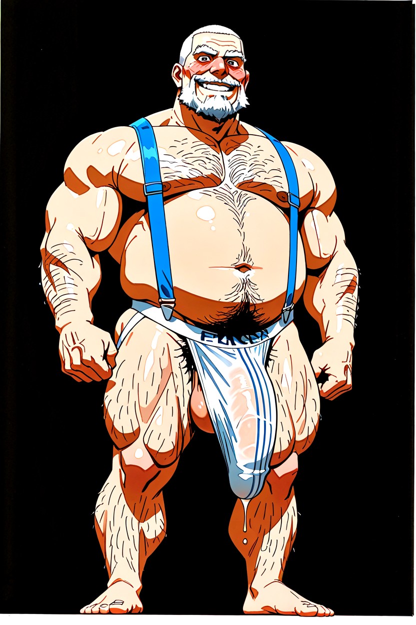 Tip Of Penis Bulge In Underwear Has A Wet Spot Dripping White Globules, Bottom Up, Suspenders AI Gay Porn