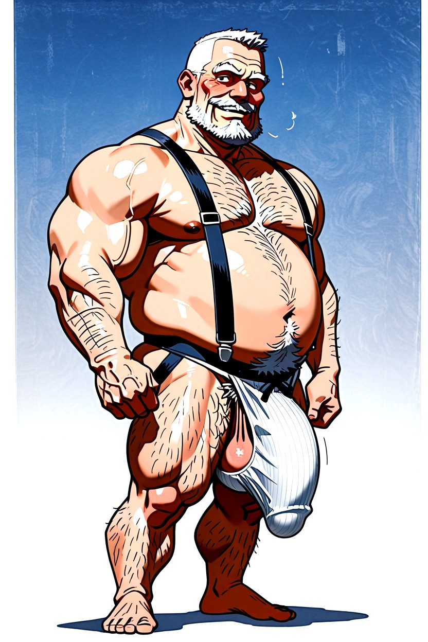 White Fabric Suspenders, Intense Eye Contact Looking At Viewer, Burlap Jockstrap Material ゲイAIポルノ