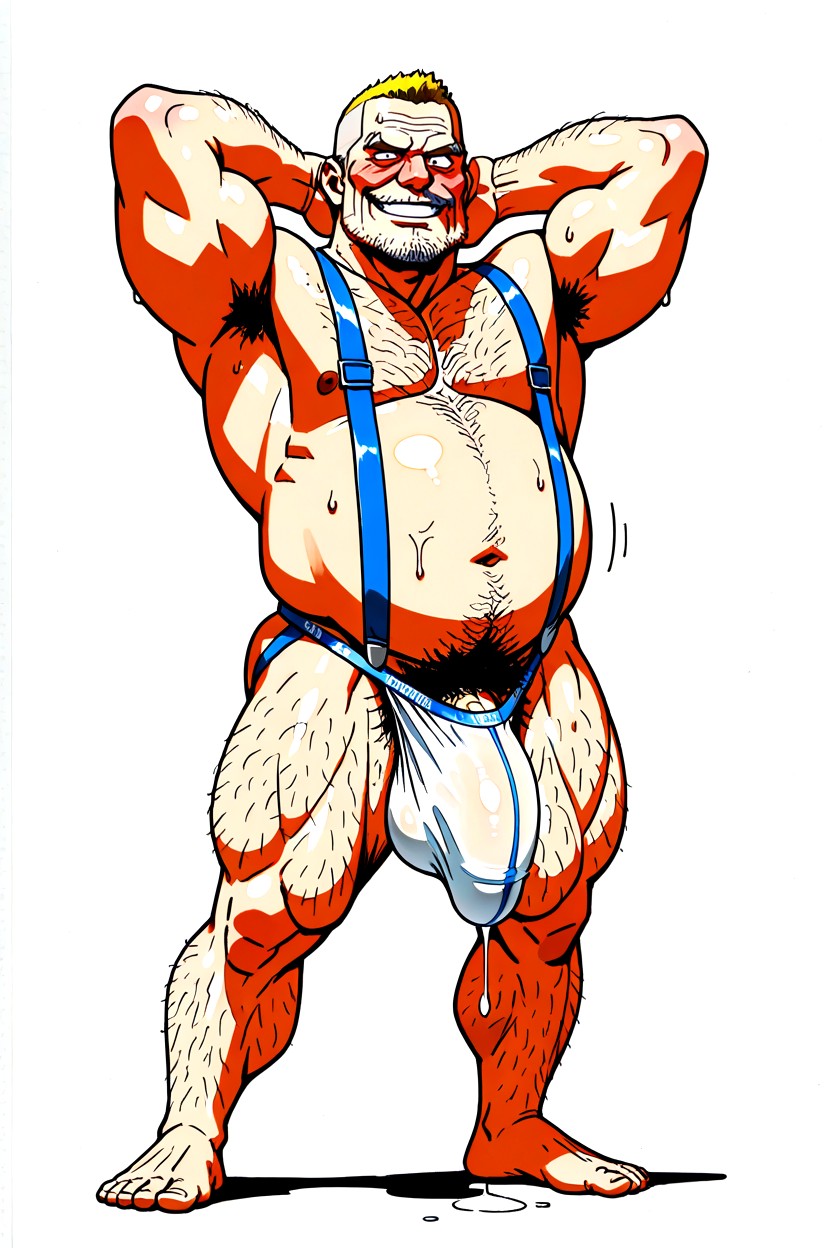 フルボディ, 脂肪, Penis Bulge Is Always Covered By Stretching White Fabric From Jockstrap Hanging Down Very Low ゲイAIポルノ