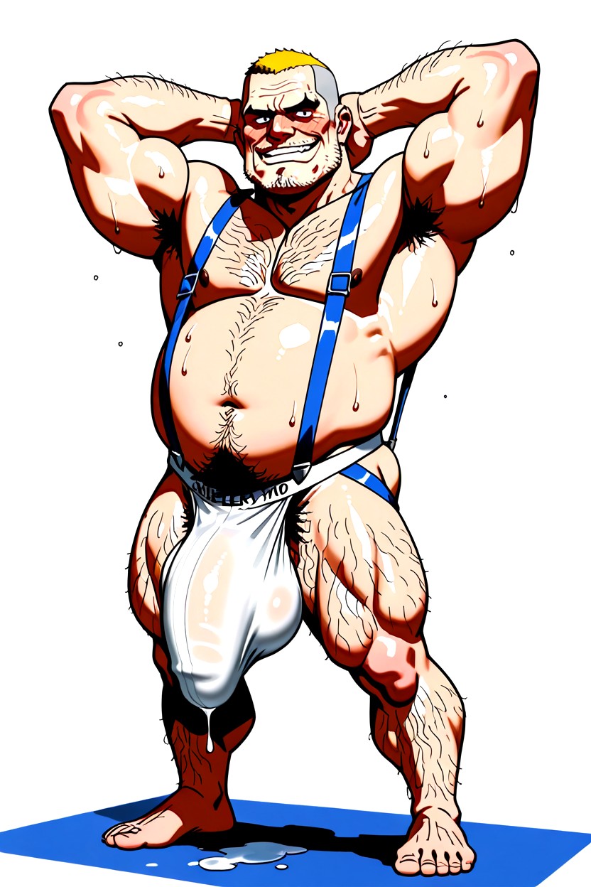 Gros, White Fabric Suspenders, Penis Bulge Sagging Reaches Floor Porno IA Gay