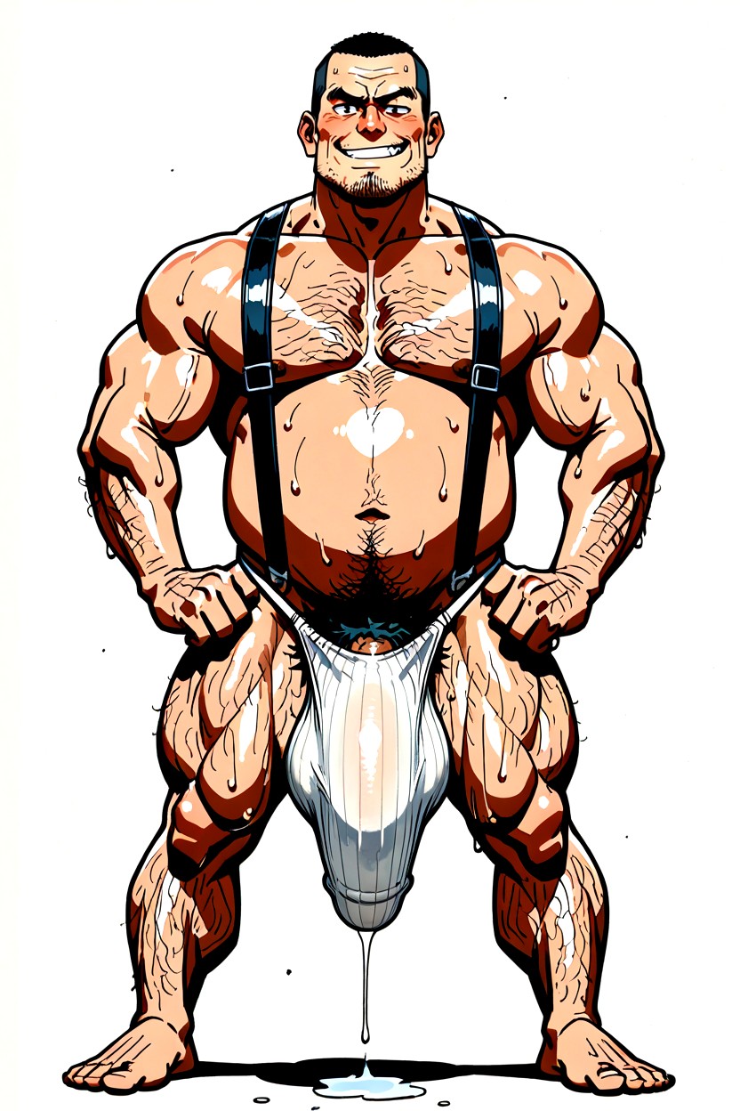Curly Body Hairs Everywhere, Excessive Body Hair, Naked Besides Slingshot Jockstrap With White Suspenders Pornografia gay com IA