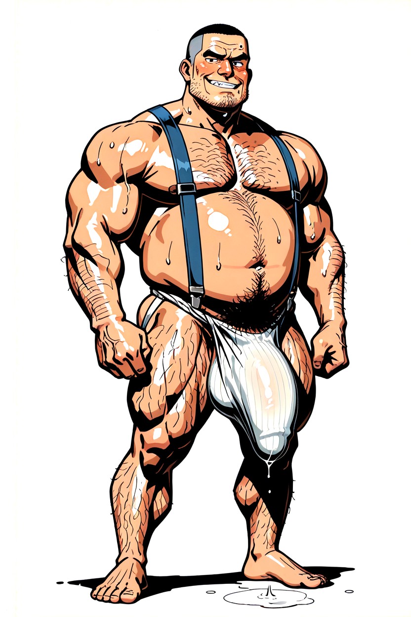 立つ, Penis Bulge Is Always Covered By Stretching White Fabric From Jockstrap Hanging Down Very Low, Burlap Jockstrap Material ゲイAIポルノ