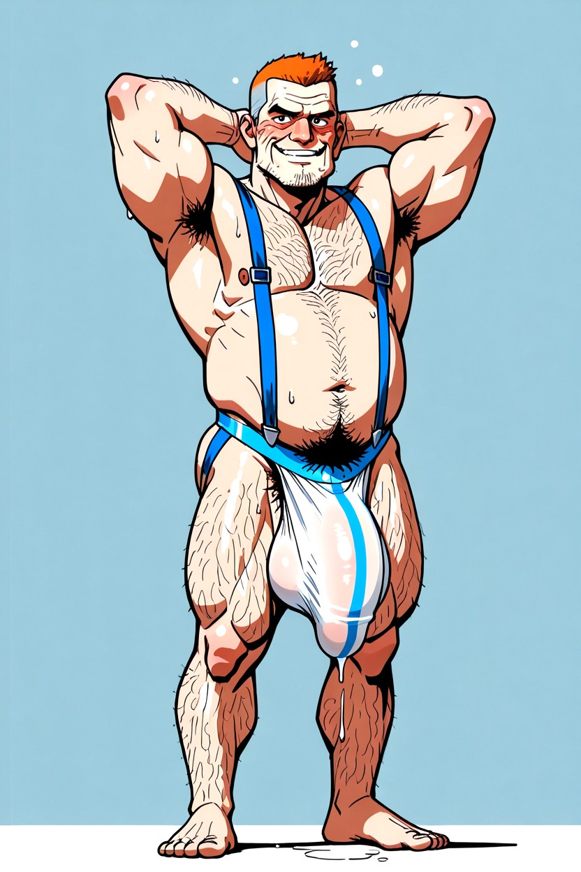 Excessively Hairy Belly, Naked Besides Slingshot Jockstrap With White Suspenders, Man Pornografia gay com IA