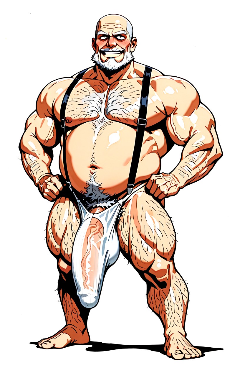Excessively Hairy Belly, White Fabric Suspenders, 恥ずかしい ゲイAIポルノ