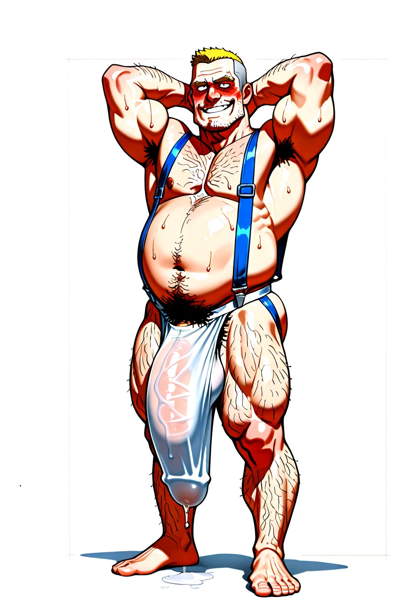 Horny, White Fabric Suspenders, Penis Bulge Is Entirely Covered By Stretching Jockstrap Fabric ゲイAIポルノ