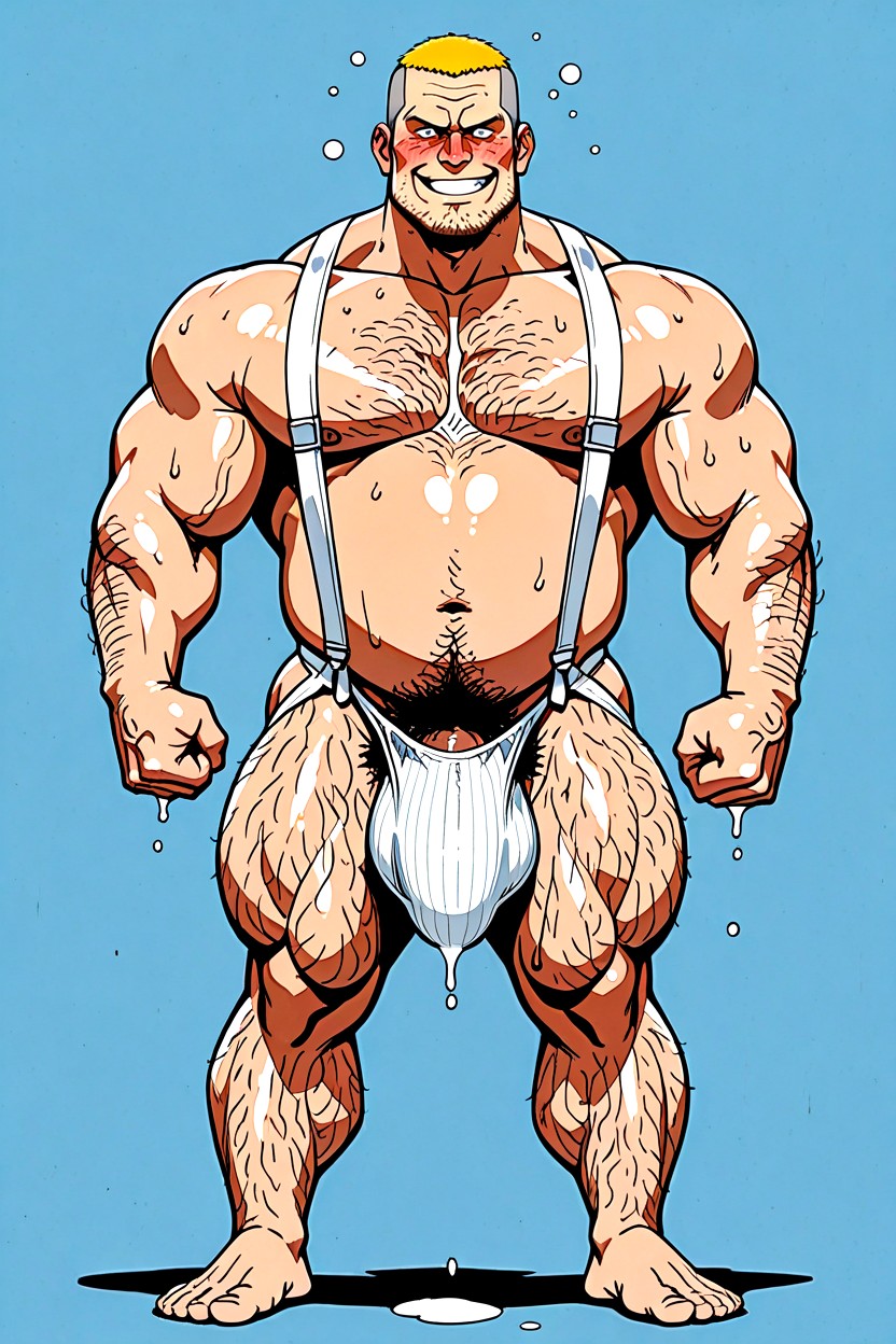 Excessively Hairy Belly, Tip Of Penis Bulge In Underwear Has A Wet Spot Dripping White Globules, Man ゲイAIポルノ