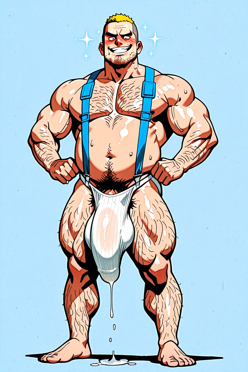 Standing, Oiled Skin, Naked Besides Slingshot Jockstrap With White Suspenders AI Gay Porn