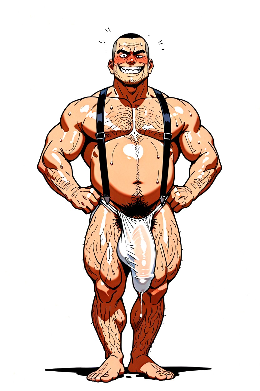 Penis Bulge Is Entirely Covered By Stretching Jockstrap Fabric, 単純な背景, 丸刈り ゲイAIポルノ