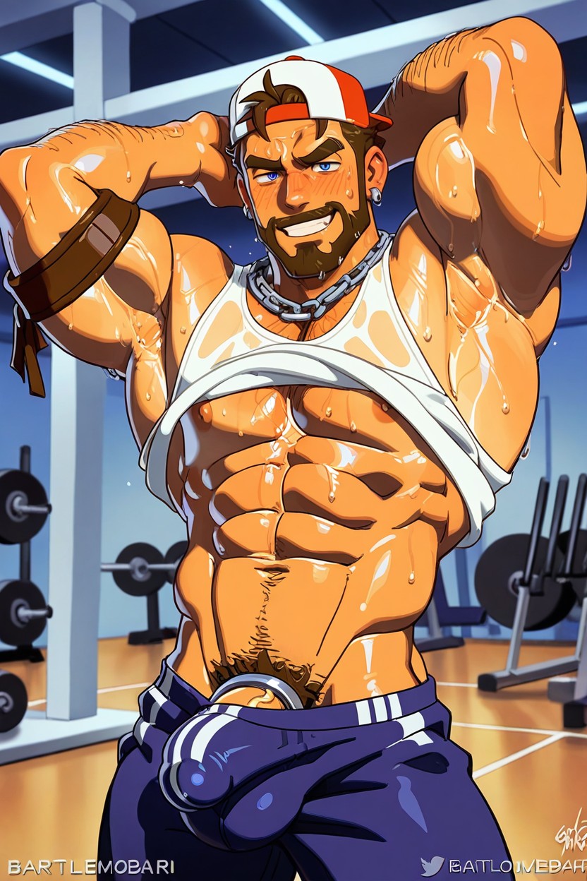Blushing, Sleeve Full Tattoos, Nyuudles Half Naked ゲイAIポルノ