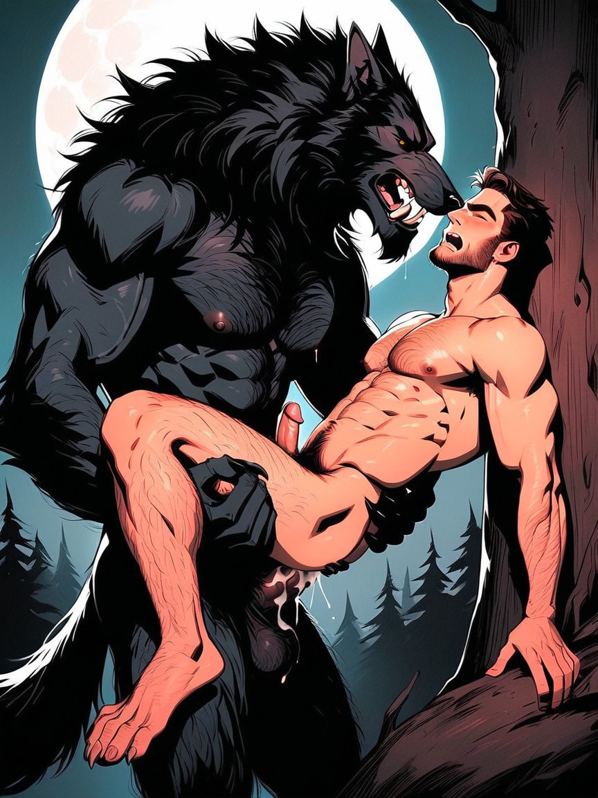 A Monstrous Hairy Wolflike Werewolf, The Werewolf's Is Balls Deep, Hairy Sheath AI Gay Porn
