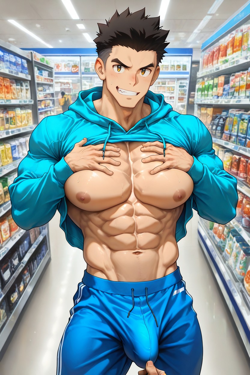 ペニスの膨らみ, Curly Hair, Wearing Zip-up Hoodie ゲイAIポルノ