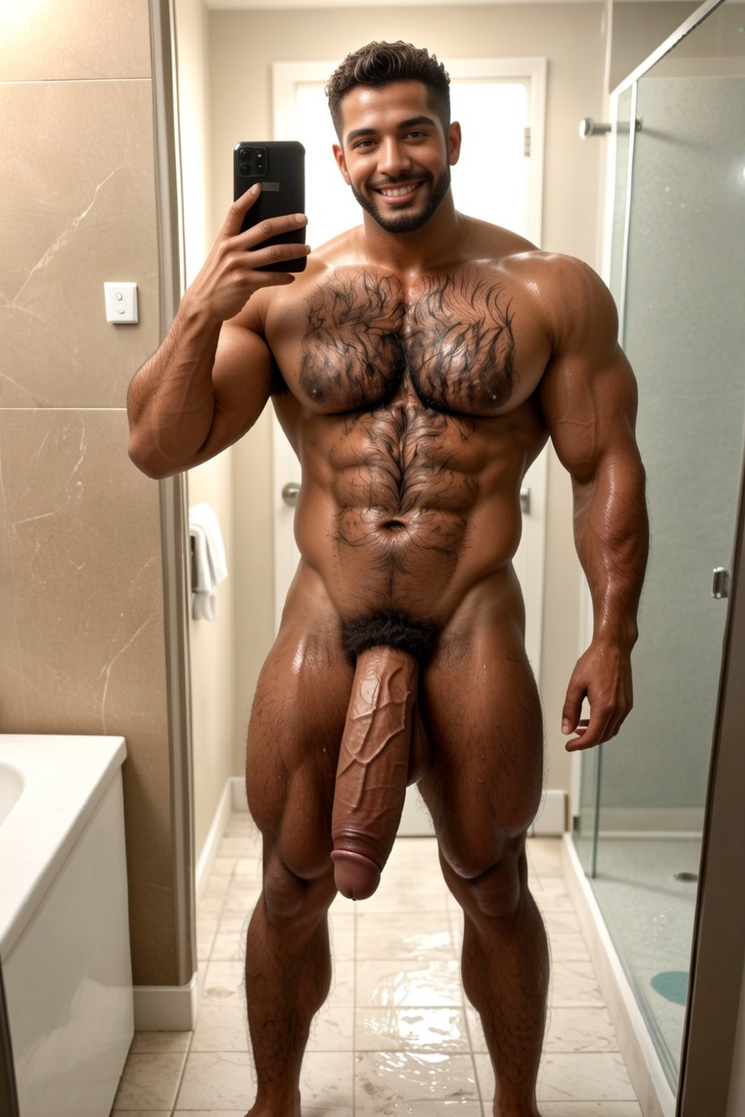 Pony Cock, Completely Naked He Is Holding A Black Iphone Taking A Selfie In The Bathroom His Massive, Dense Chest Hair AI Gay Porn