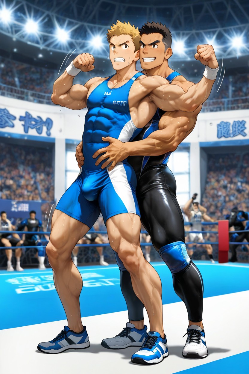 Two Muscular Men Wearing Tight Wrestling Singlets, Only Male, Bara 게이 AI 포르노