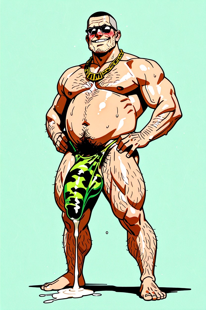 Muscle Gut Body, Beschämt, Tip Of Penis Bulge In Underwear Has A Wet Spot Dripping White Globules KI Schwulenporno