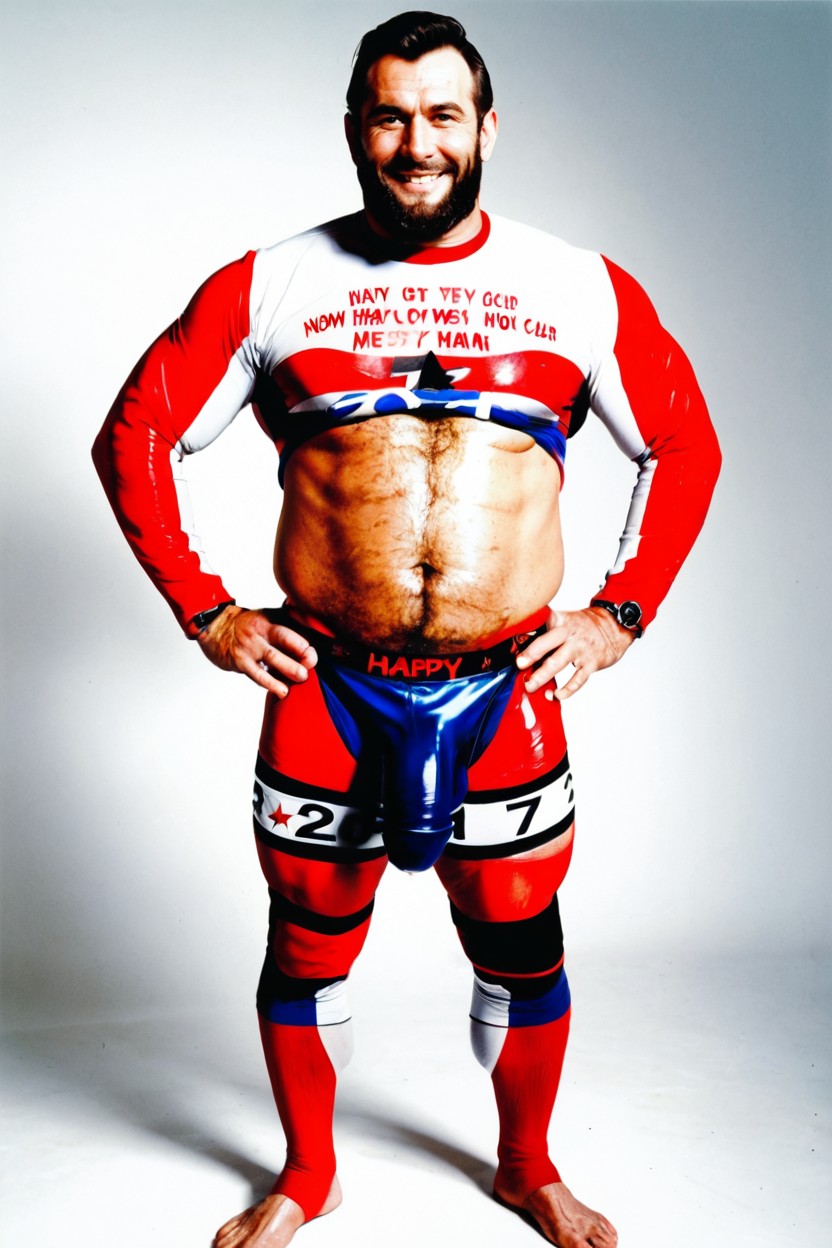 Hyper Fat Muscle Gut, Exposed Pubic Hair Bush, Solid White Background 게이 AI 포르노