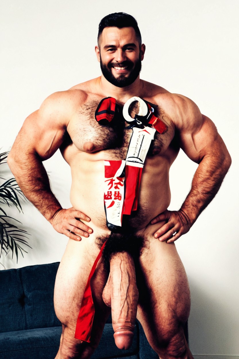 Facial Stubble, Hairy Muscles, Impossibly Long Hyper Penis AI Gay Porn