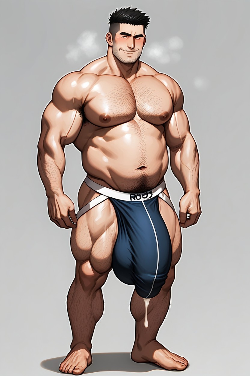 Hiper Pénis Impossivelmente Longo, Barba, Tip Of Penis Bulge In Underwear Has A Wet Spot Dripping White Globules Pornografia gay com IA
