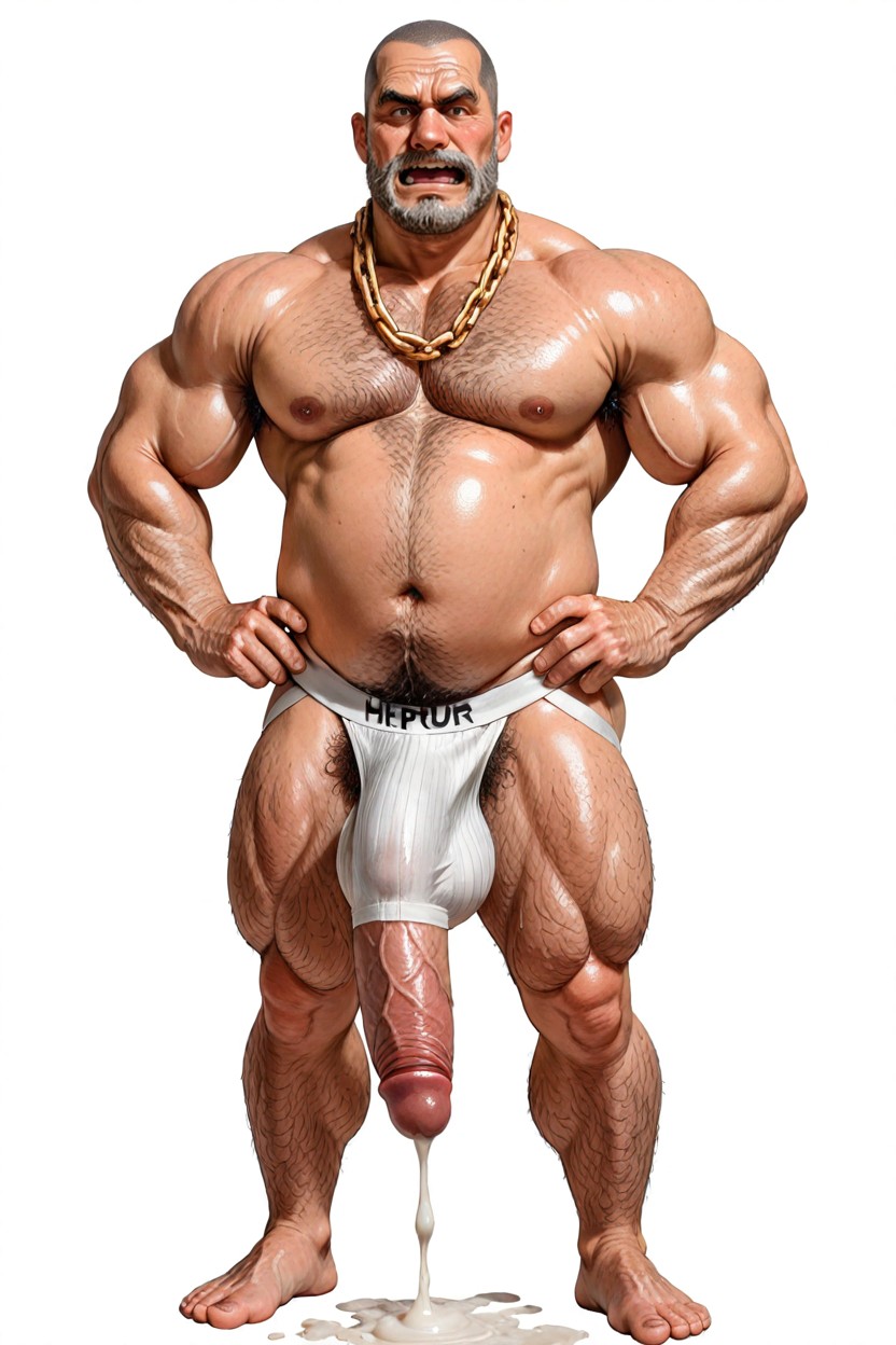 Naked Besides White Jockstrap, Tip Of Penis Bulge In Underwear Has A Wet Spot Dripping White Globules, Buzzcut Receding Hairline Pornografia gay com IA