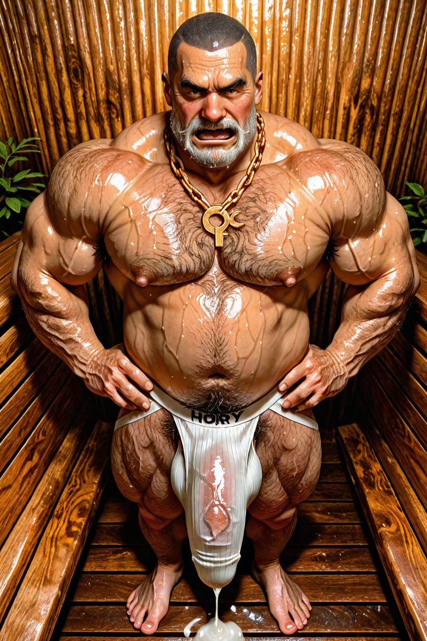 30+, Sauna, Thick Gold Chain With Circle With Arrow Around Neck ゲイAIポルノ