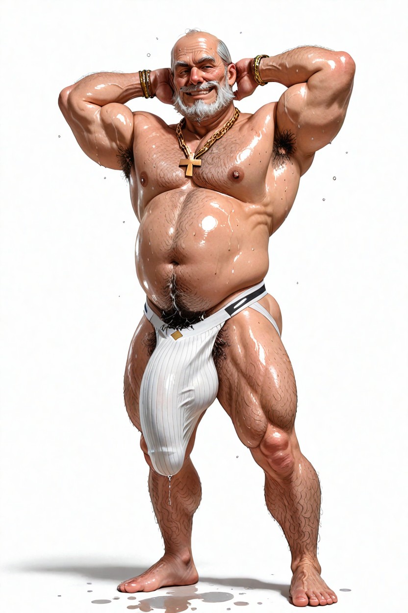 Penis Bulge Sagging Excessively Far Down To Floor, Naked Besides Textured White Jockstrap, Burlap Jockstrap Material Porno IA Gay