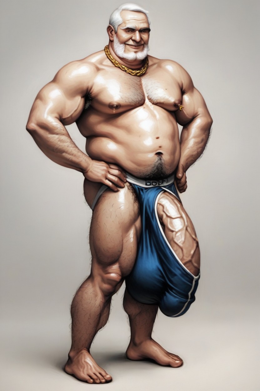 Thick Gold Chain With A Gold Cross Around Neck, Wet Jockstrap Fabric, Poils Pubiens Porno IA Gay