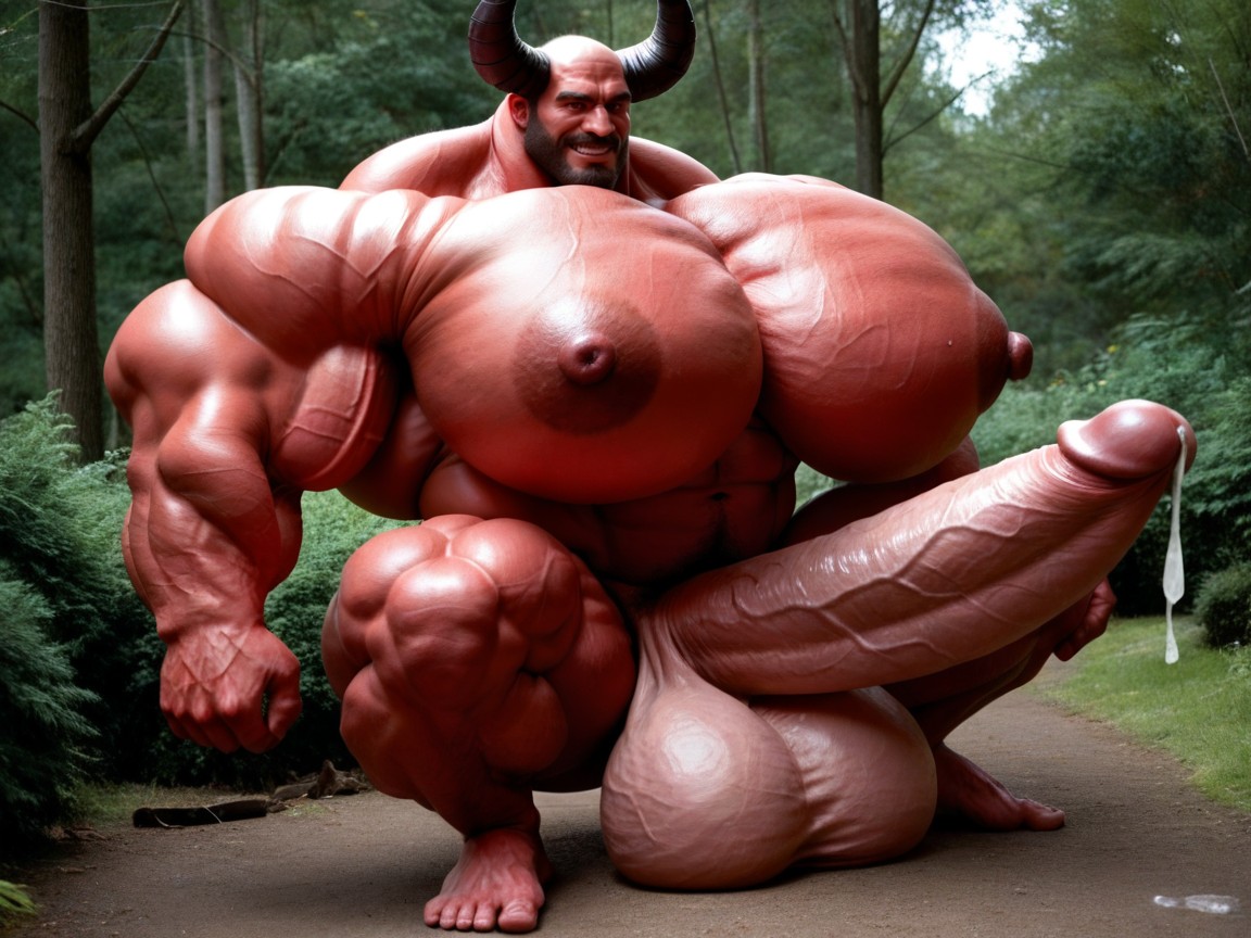 Exremely Red Skin, Thick Black Horns, Oversized Hyper Gigantic Balls 게이 AI 포르노