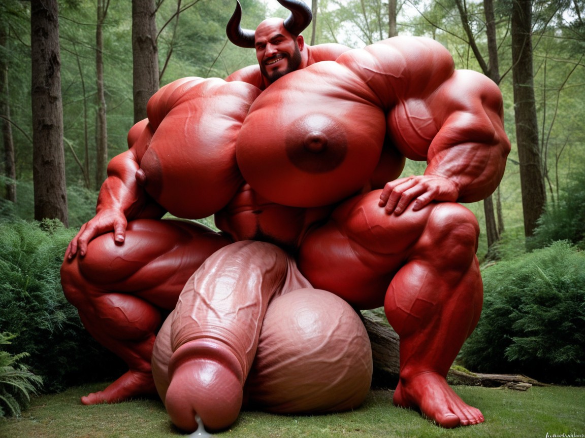 Hyper Massive Oversized Muscles, Fully Red Skin, 흥분한 얼굴 게이 AI 포르노