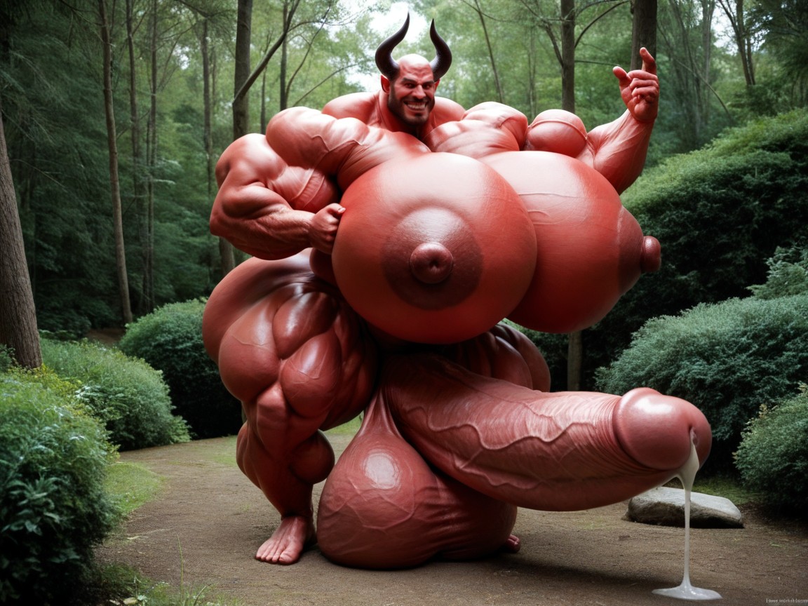 Hyper Puffy Nipples, Hyper Massive Oversized Muscles, Red Devil 게이 AI 포르노