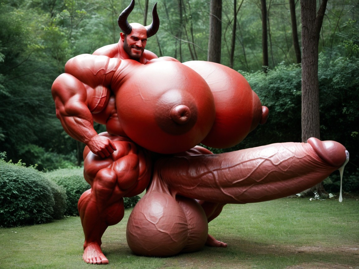 흥분한 얼굴, Fully Red Skin, Oversized Hyper Muscles 게이 AI 포르노