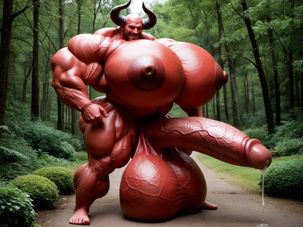 Fully Red Skin, Thick Black Horns, Hyper Oversized Muscles AI同性戀黃片