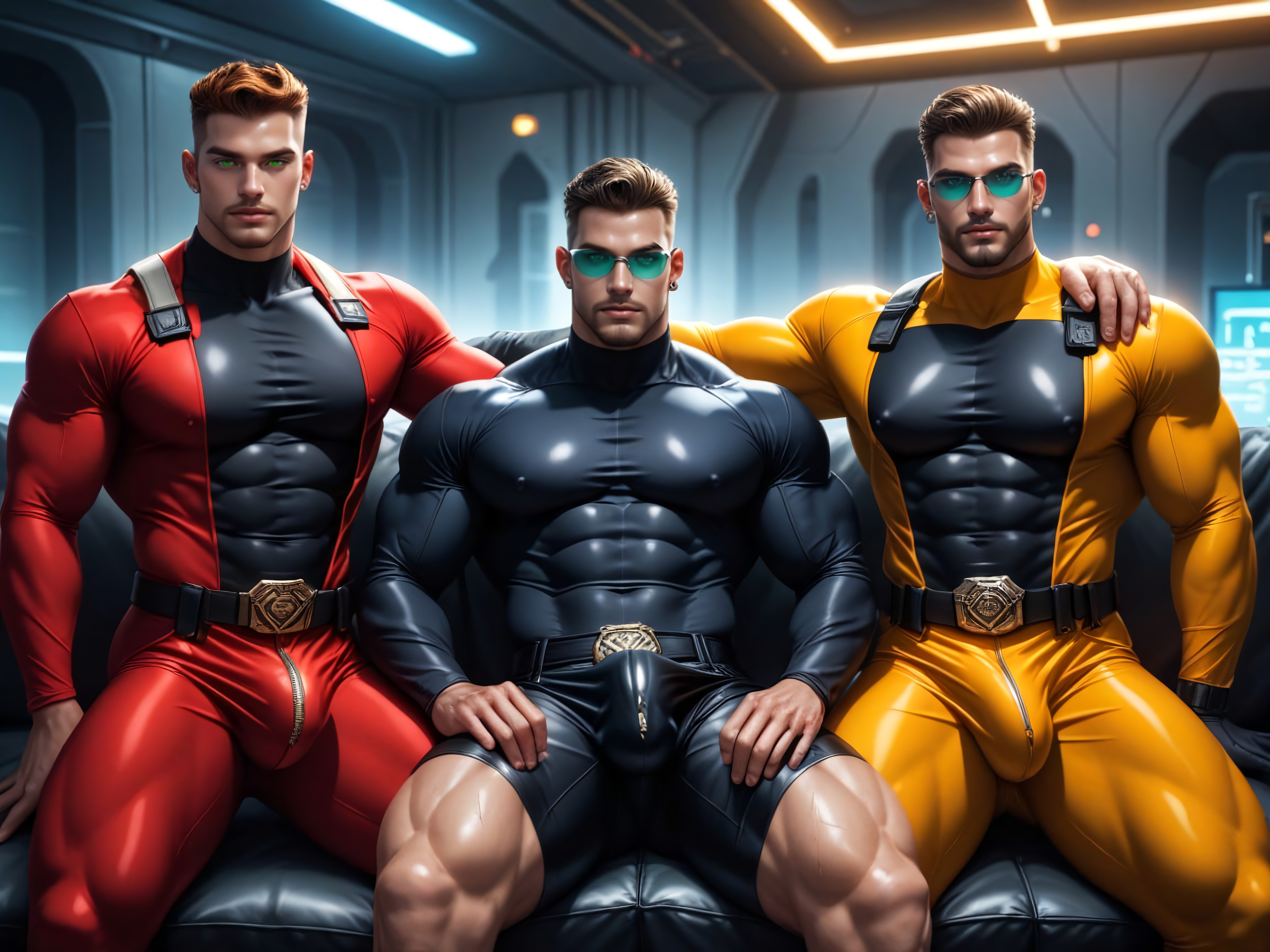 Sleek Visor Glasses, Sleek Form-fitting Clothing, Wearing A Black With Orange Trim Bodysuit AI Gay Porn
