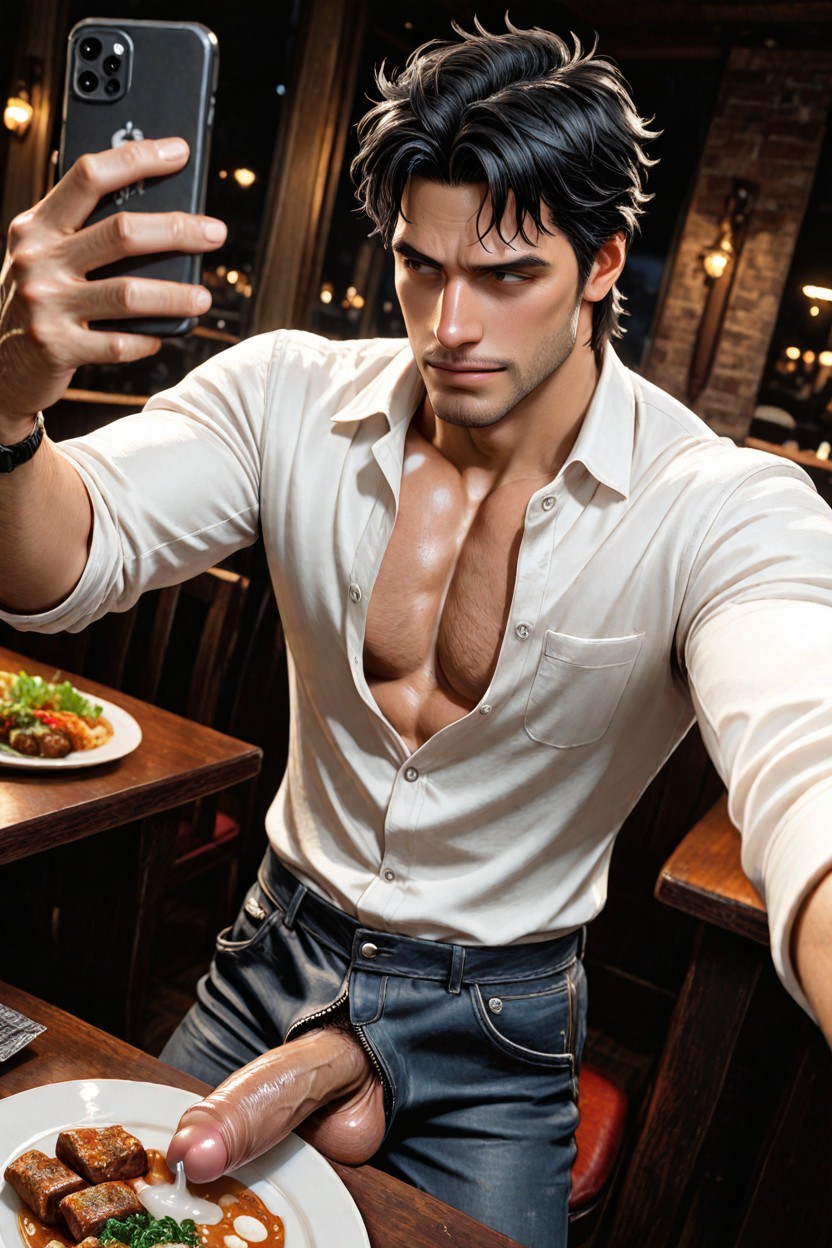 Handsome Shaven Face, Seated, Cinematic Lighting Porno gay IA
