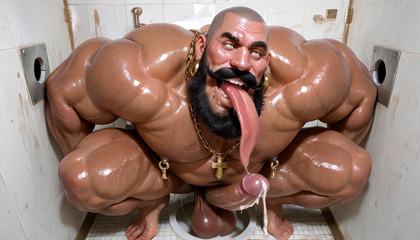 Huge Belly, Realistic Face, トイレの個室 ゲイAIポルノ