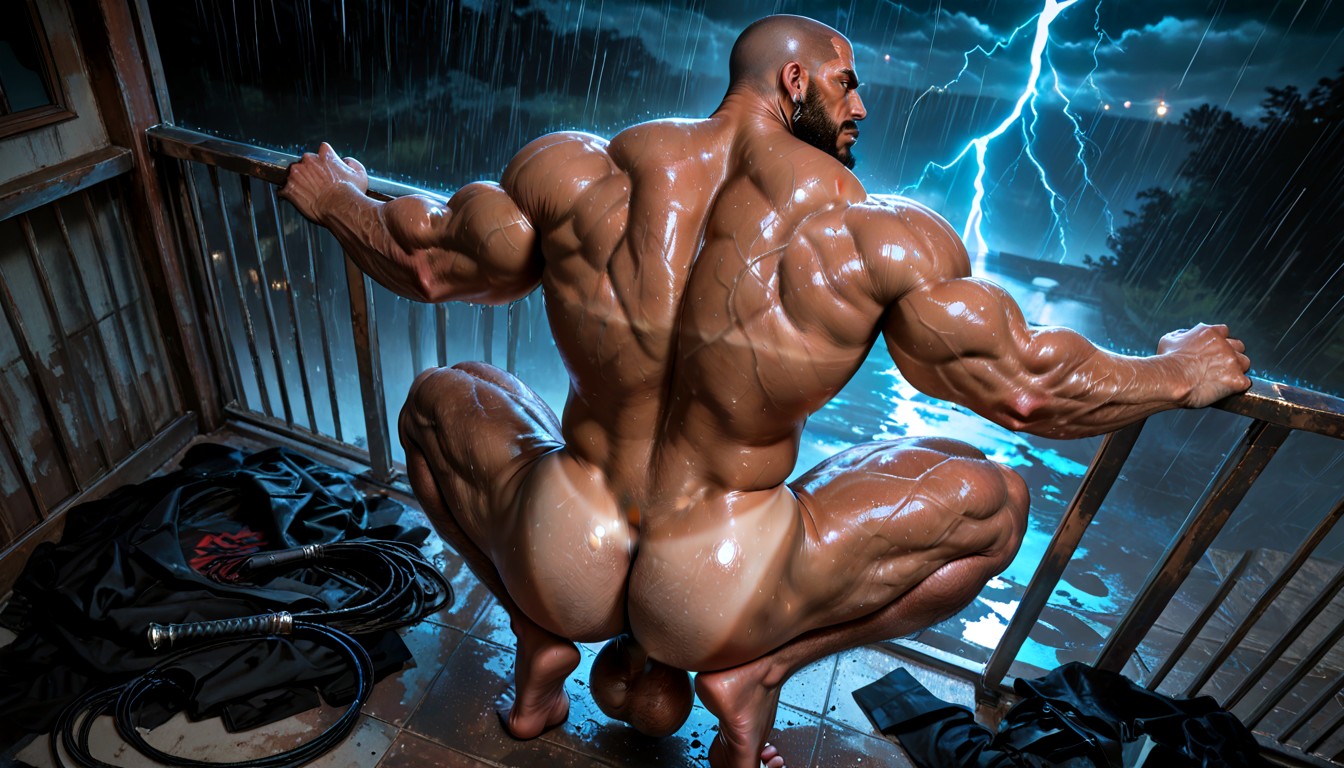 Naked, Rain, Hands On Railing Pornografia gay com IA