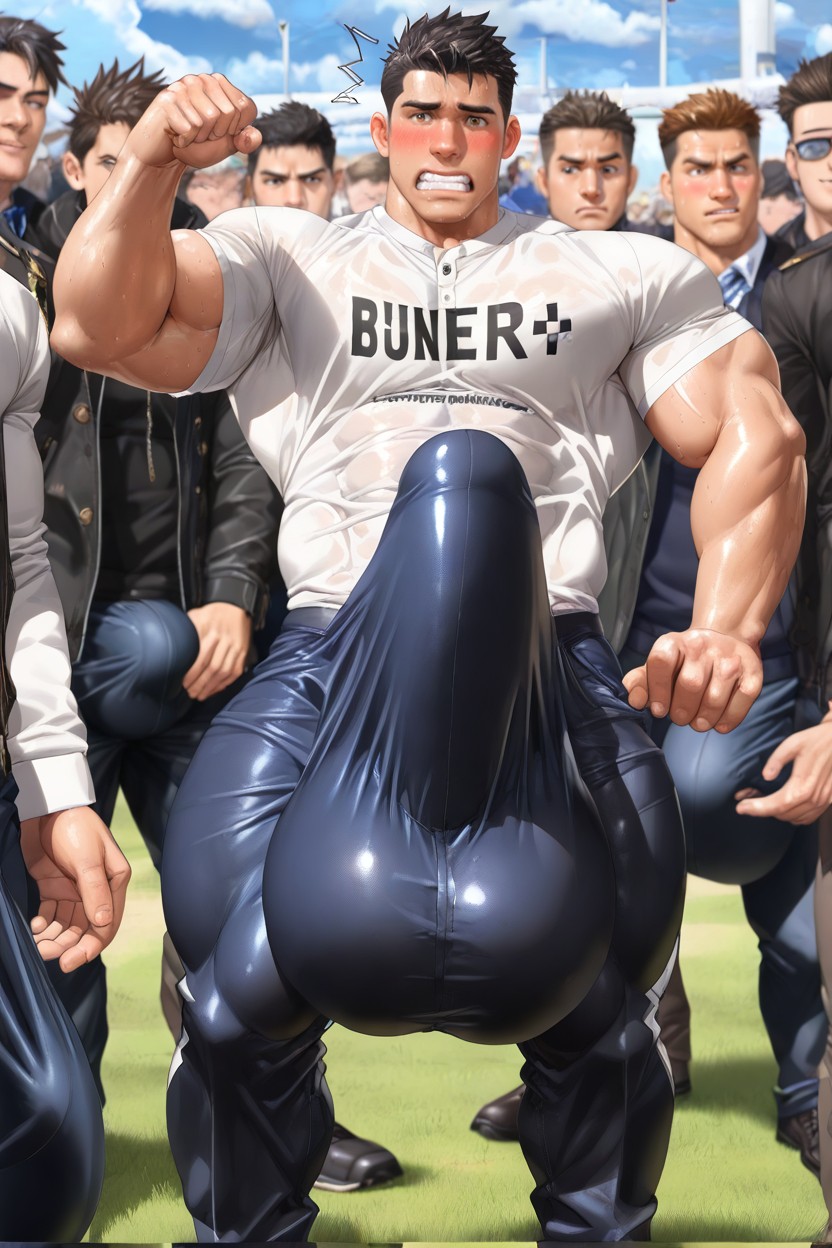 Obvious Giant Erection Visible Through Fabric, Crowded, Realistic ゲイAIポルノ