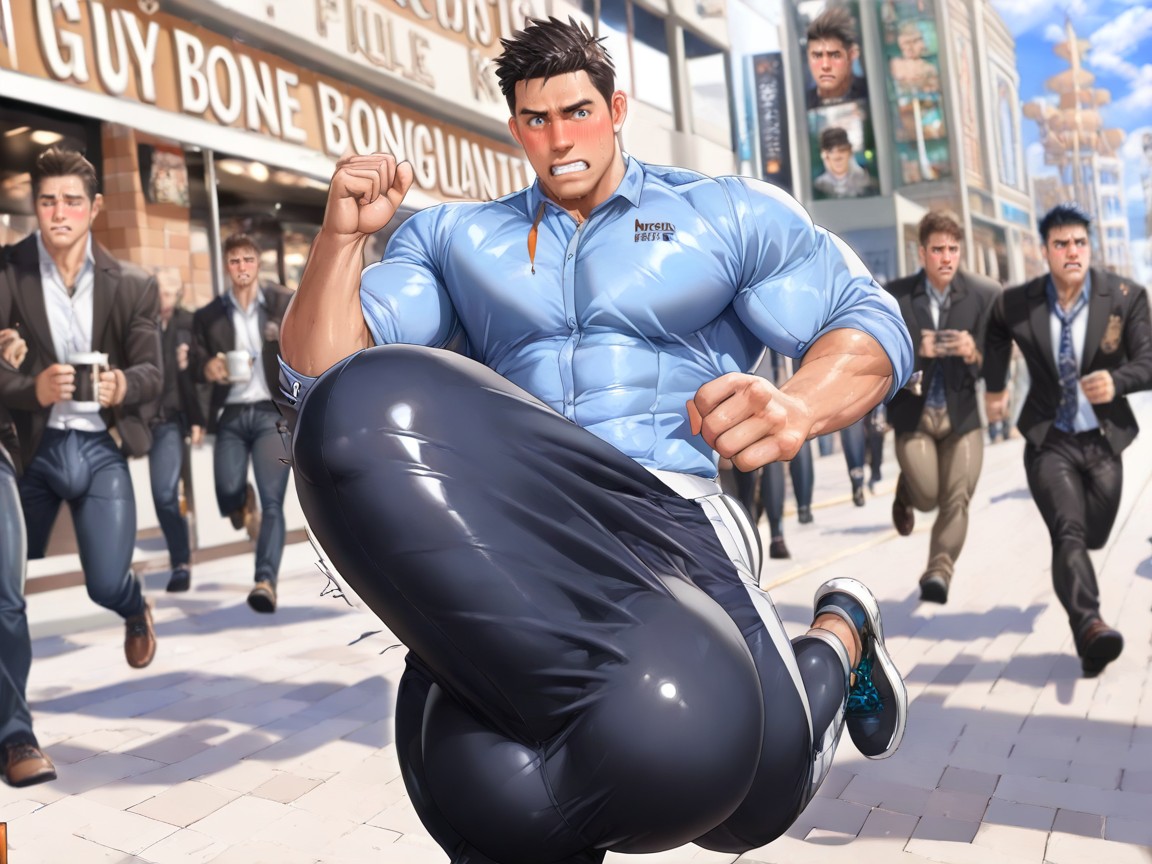 Concerned, Clenched Teeth, Huge Erection Outline Visible AI Gay Porn