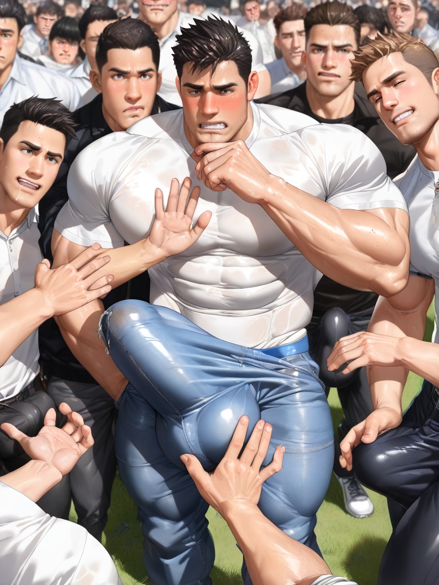 Clenched Teeth, Gigantic Impossibly Oversized Hyper Bulge Is Fully Erect Upright, Photorealism AI Gay Porn
