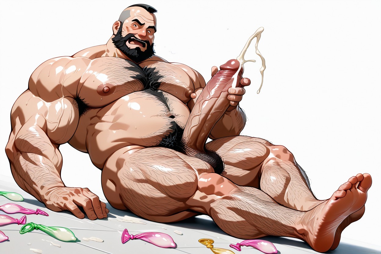 Curly Facial Hair, Full Body Profile View, Allongé Porno IA Gay
